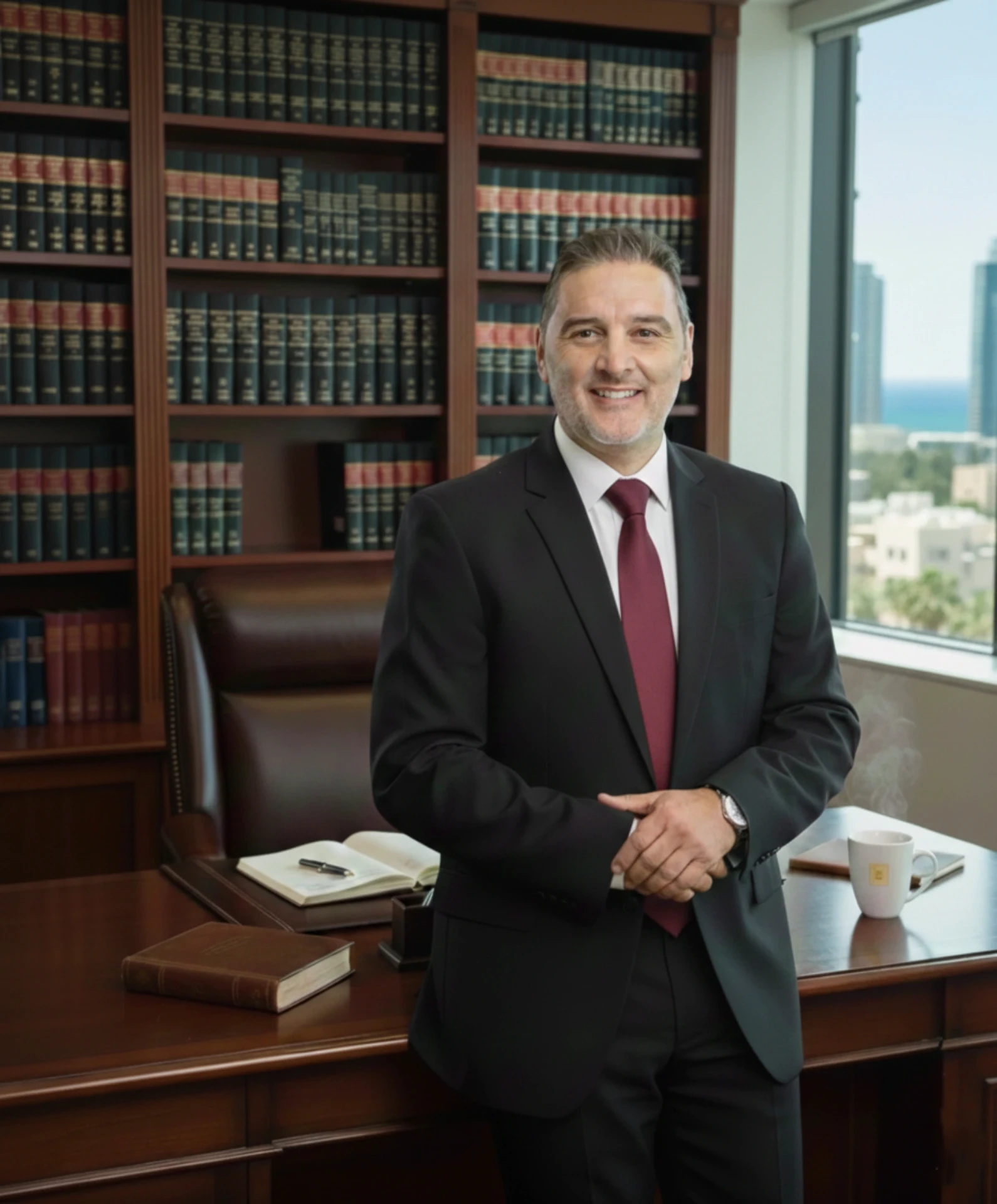 עו"ד אורן אדמוני מחייך במשרדו על רקע ספרייה משפטית עשירה ונוף עירוני – מייסד המשרד.